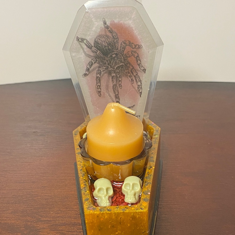 Halloween Tarantula & Skulls Coffin Candle Holder